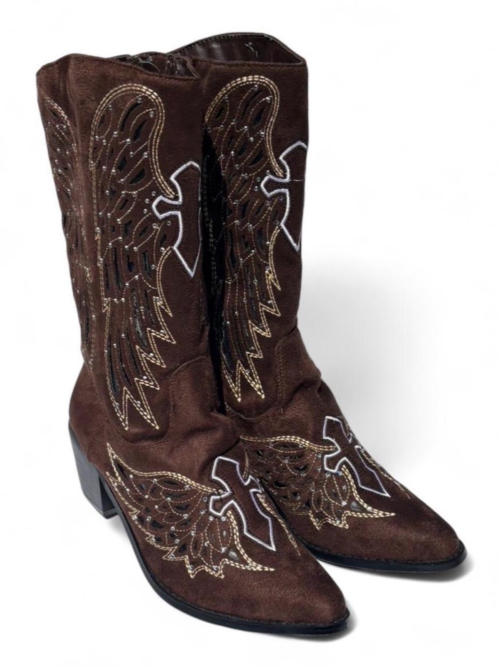 Brown Suede Embroidered Wing & Cross Moto Boots